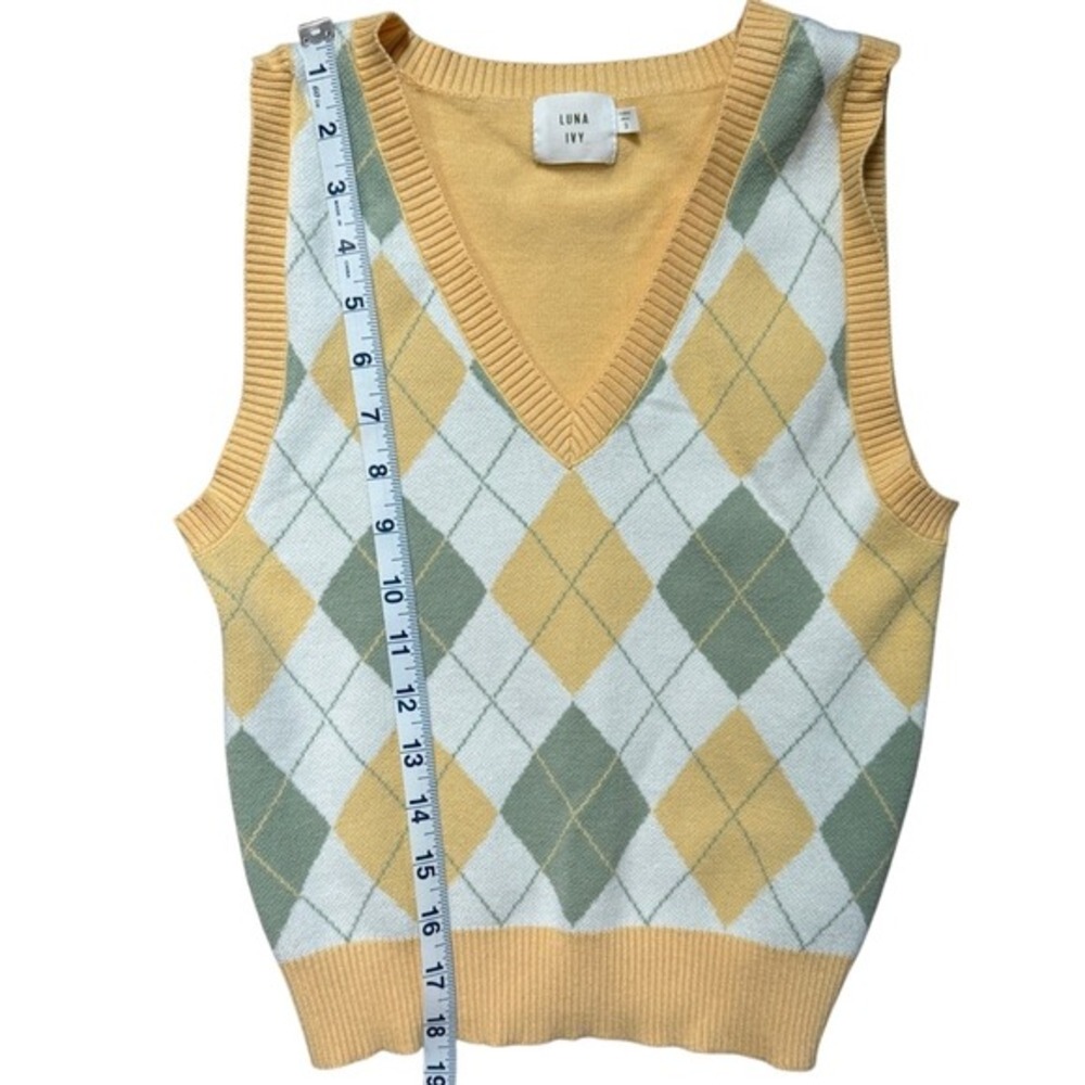 Luna Ivy Pastel Argyle Sweater Vest - Yellow & Sage Green - Size Small Preppy - Picture 5 of 7